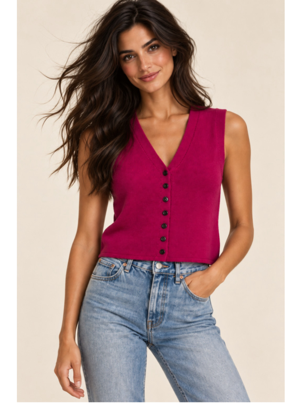 Vintage Magenta Merino Wool Vest Karen Kane Button Front Sweater S Retro Preppy